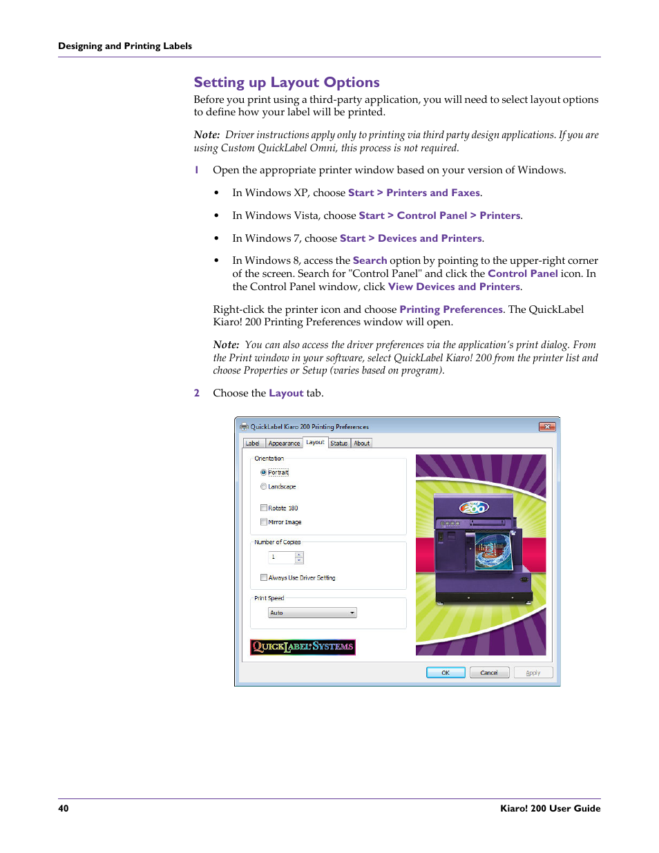 Setting up layout options | QuickLabel 200 Kiaro! User Manual | Page 54 / 150
