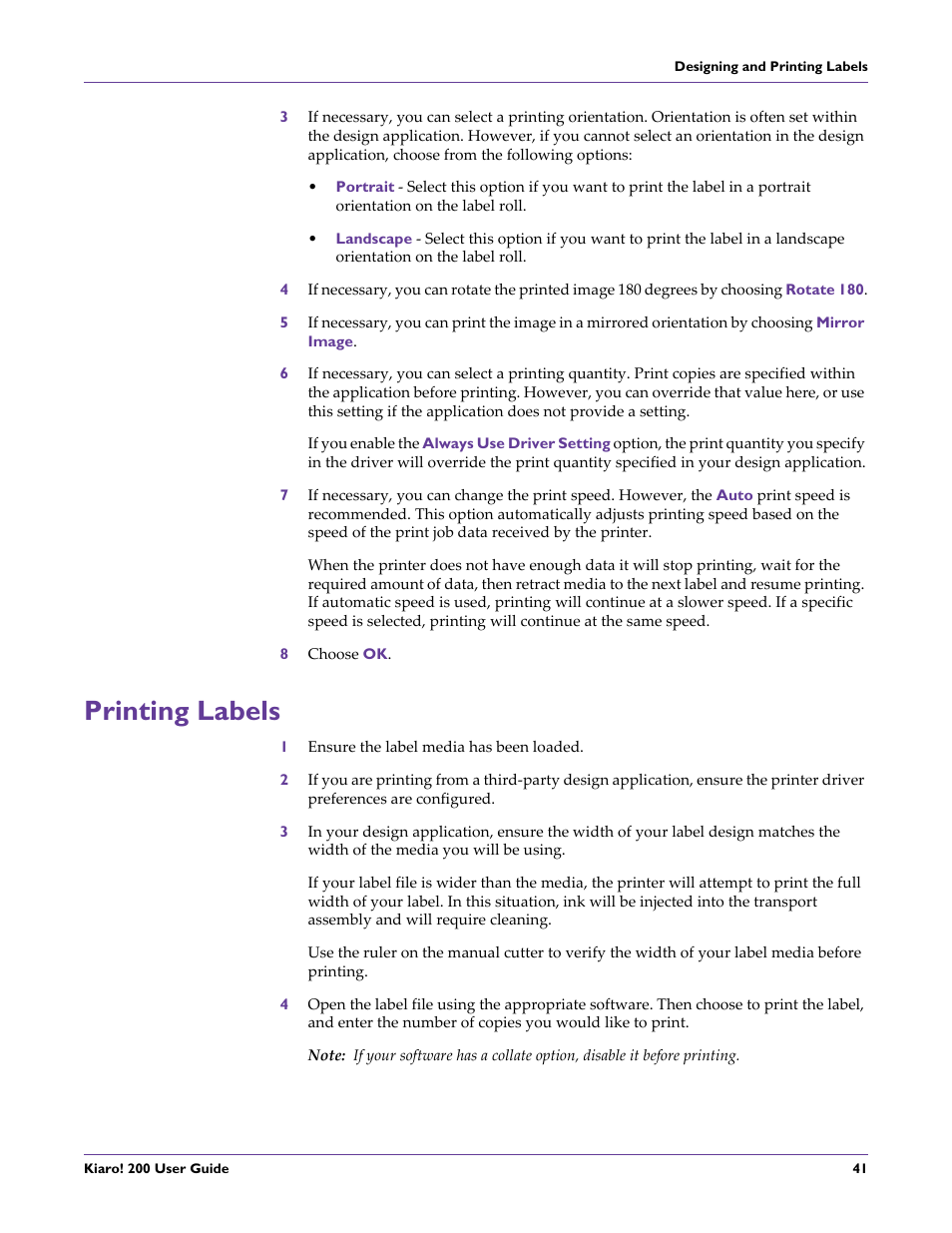 Printing labels | QuickLabel 200 Kiaro! User Manual | Page 55 / 150