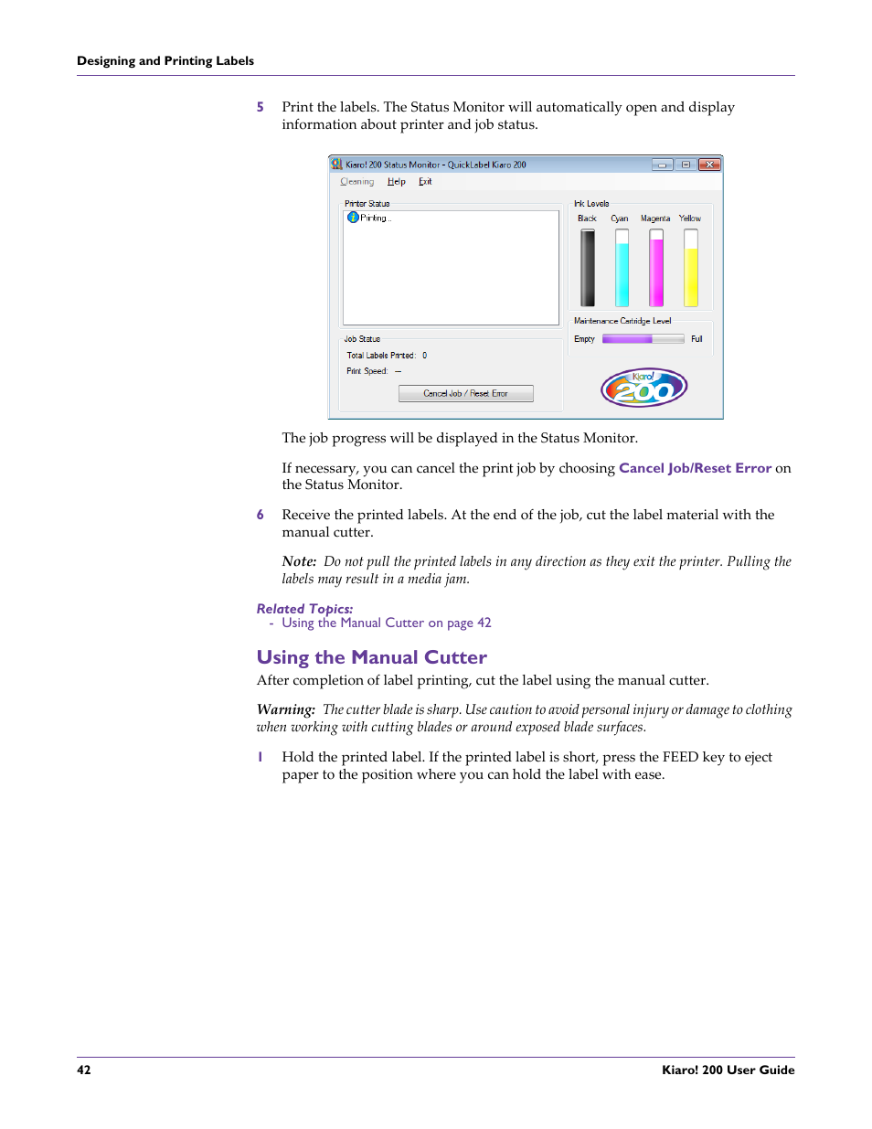 Using the manual cutter | QuickLabel 200 Kiaro! User Manual | Page 56 / 150