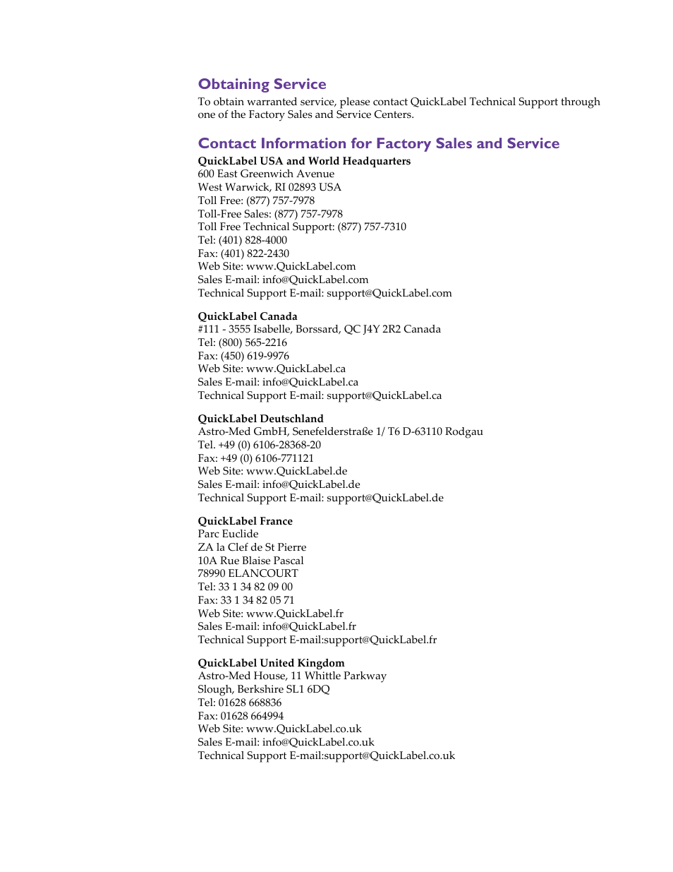 Obtaining service, Contact information for factory sales and service | QuickLabel 200 Kiaro! User Manual | Page 6 / 150