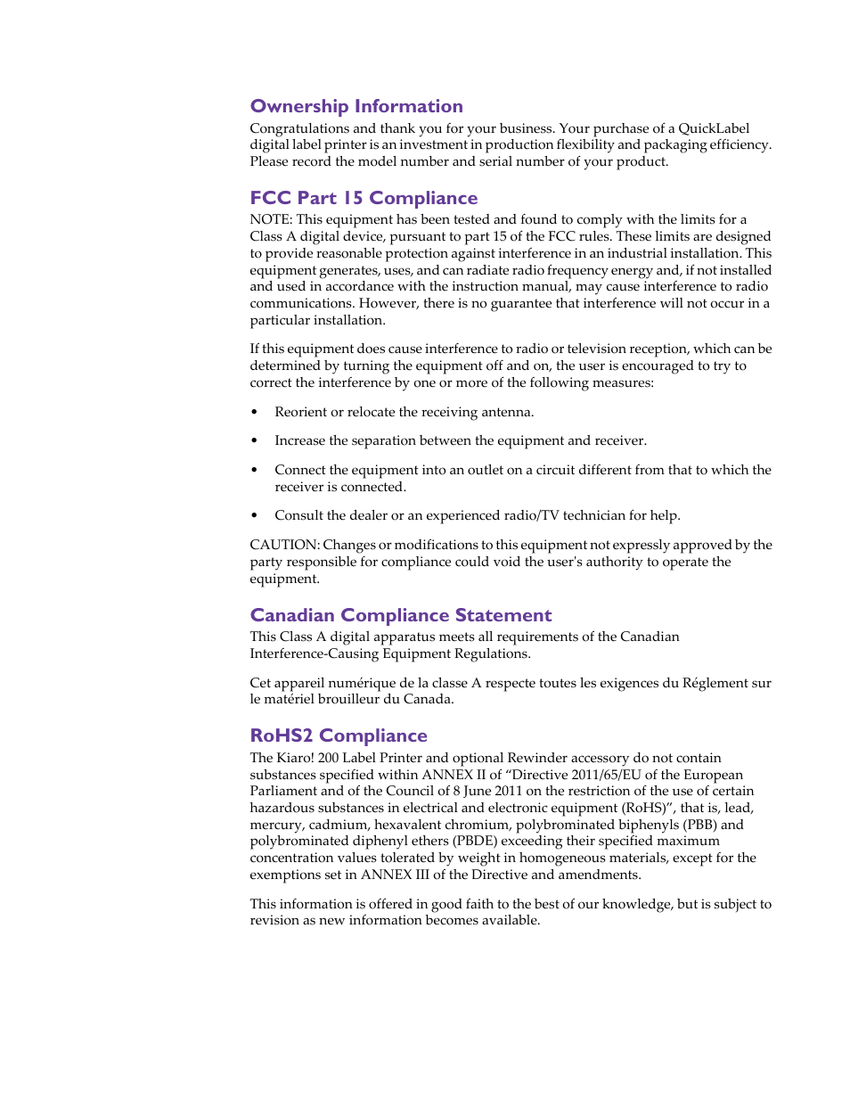 Ownership information, Fcc part 15 compliance, Canadian compliance statement | Rohs2 compliance | QuickLabel 200 Kiaro! User Manual | Page 7 / 150