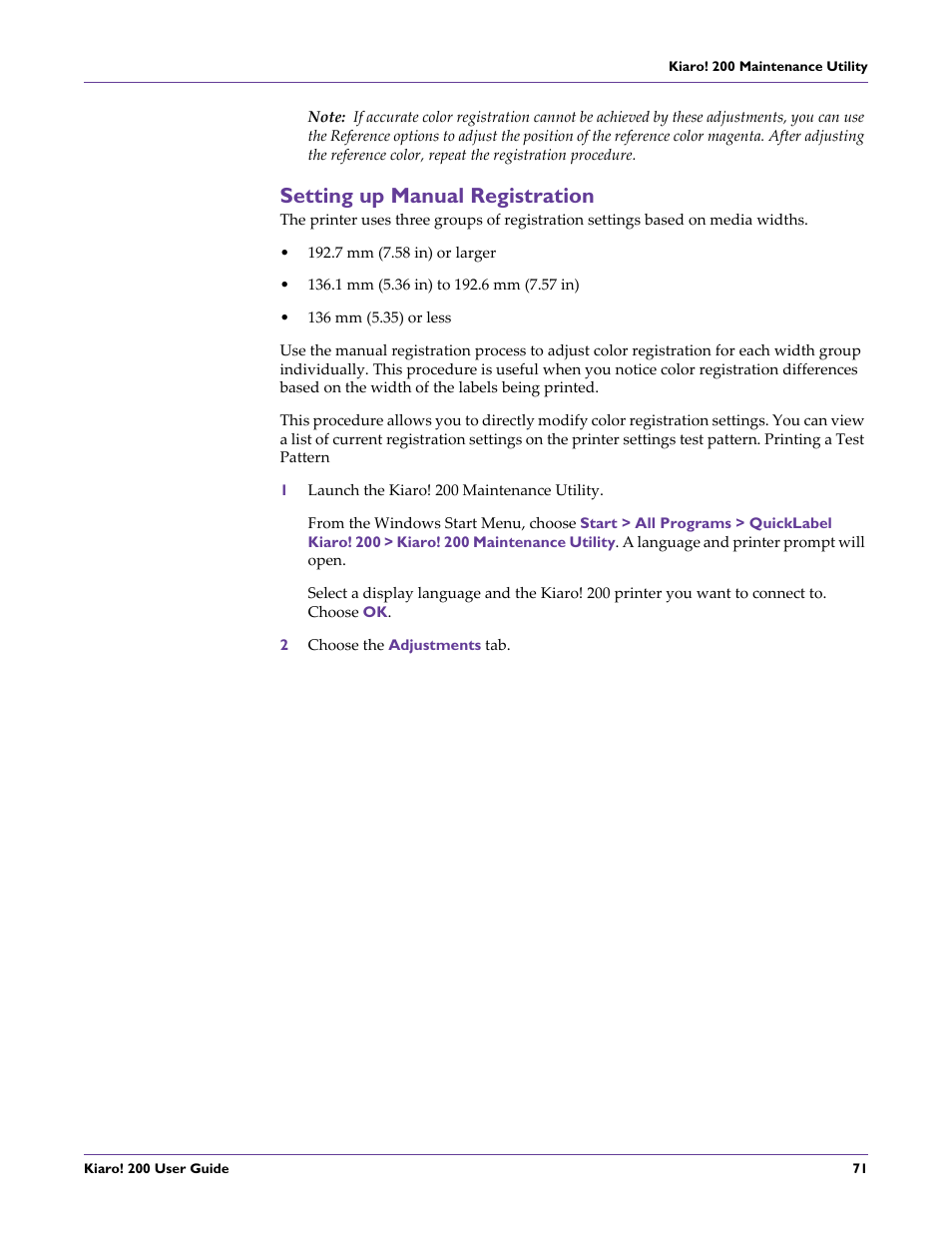 Setting up manual registration | QuickLabel 200 Kiaro! User Manual | Page 85 / 150