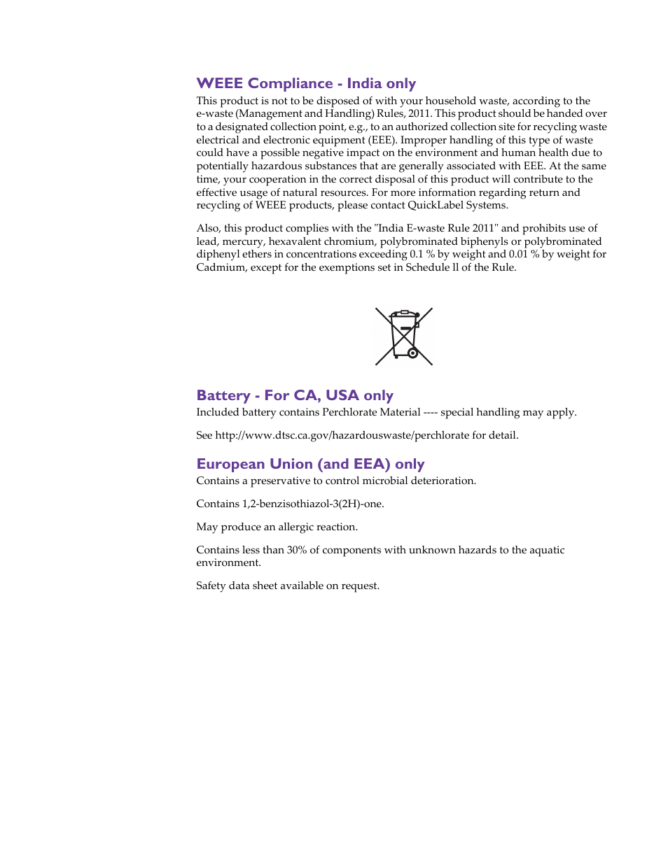 Weee compliance - india only, Battery - for ca, usa only, European union (and eea) only | QuickLabel 200 Kiaro! User Manual | Page 9 / 150