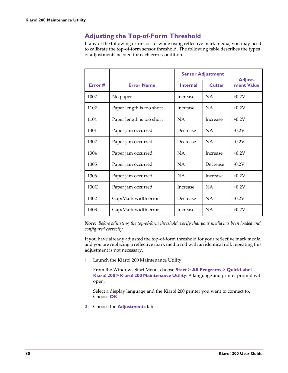Adjusting the top-of-form threshold | QuickLabel 200 Kiaro! User Manual | Page 94 / 150