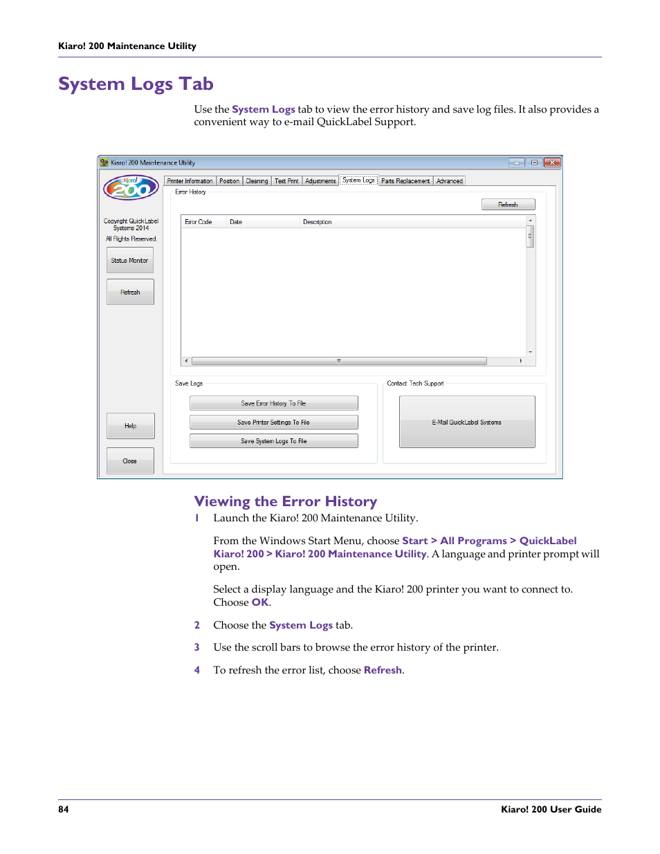 System logs tab, Viewing the error history | QuickLabel 200 Kiaro! User Manual | Page 98 / 150