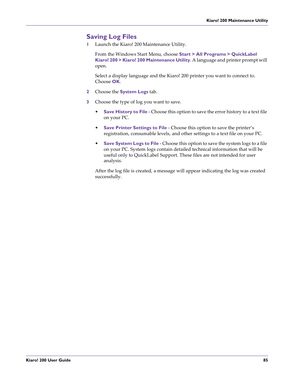 Saving log files | QuickLabel 200 Kiaro! User Manual | Page 99 / 150