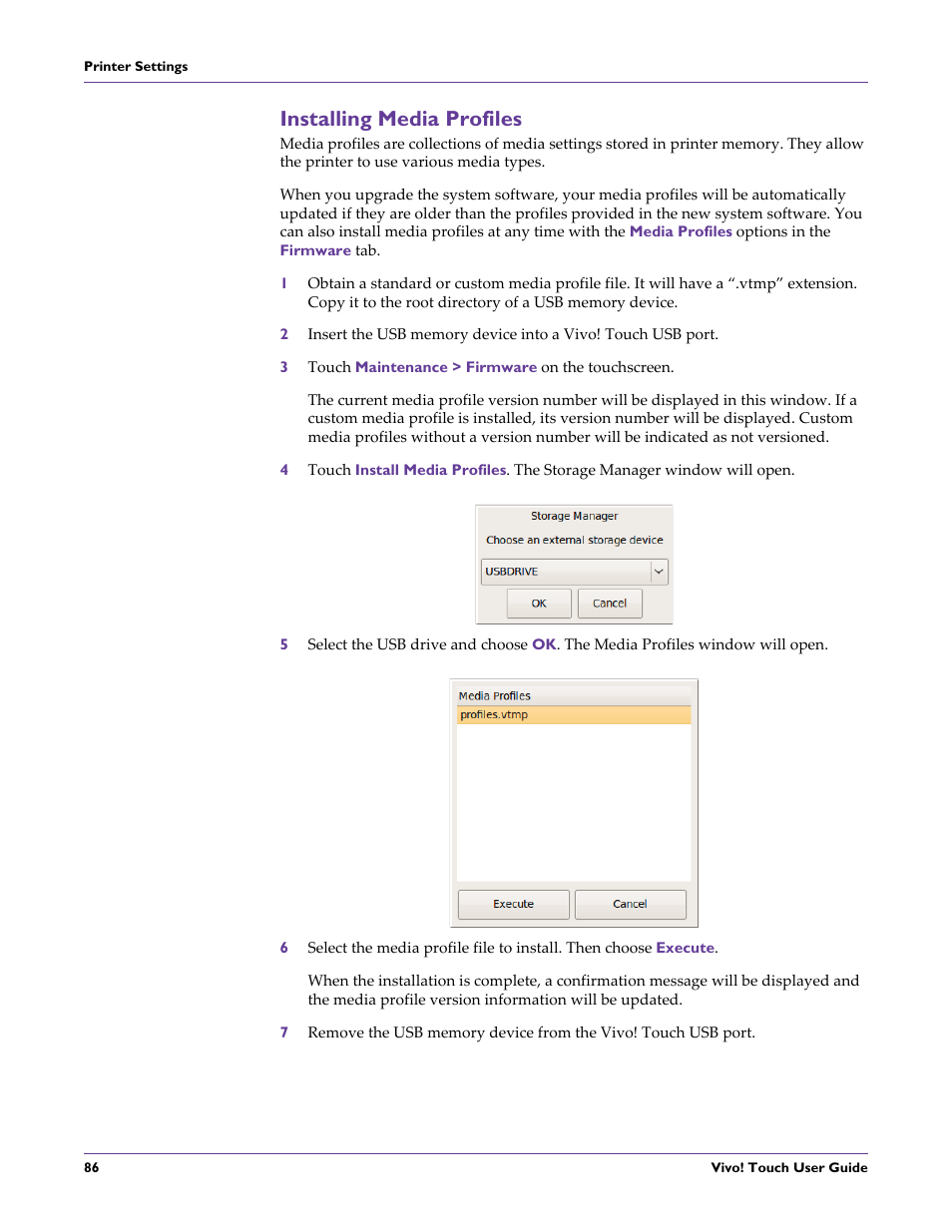 Installing media profiles, 3 touch maintenance > firmware on the touchscreen | QuickLabel Vivo! Touch User Manual | Page 100 / 165