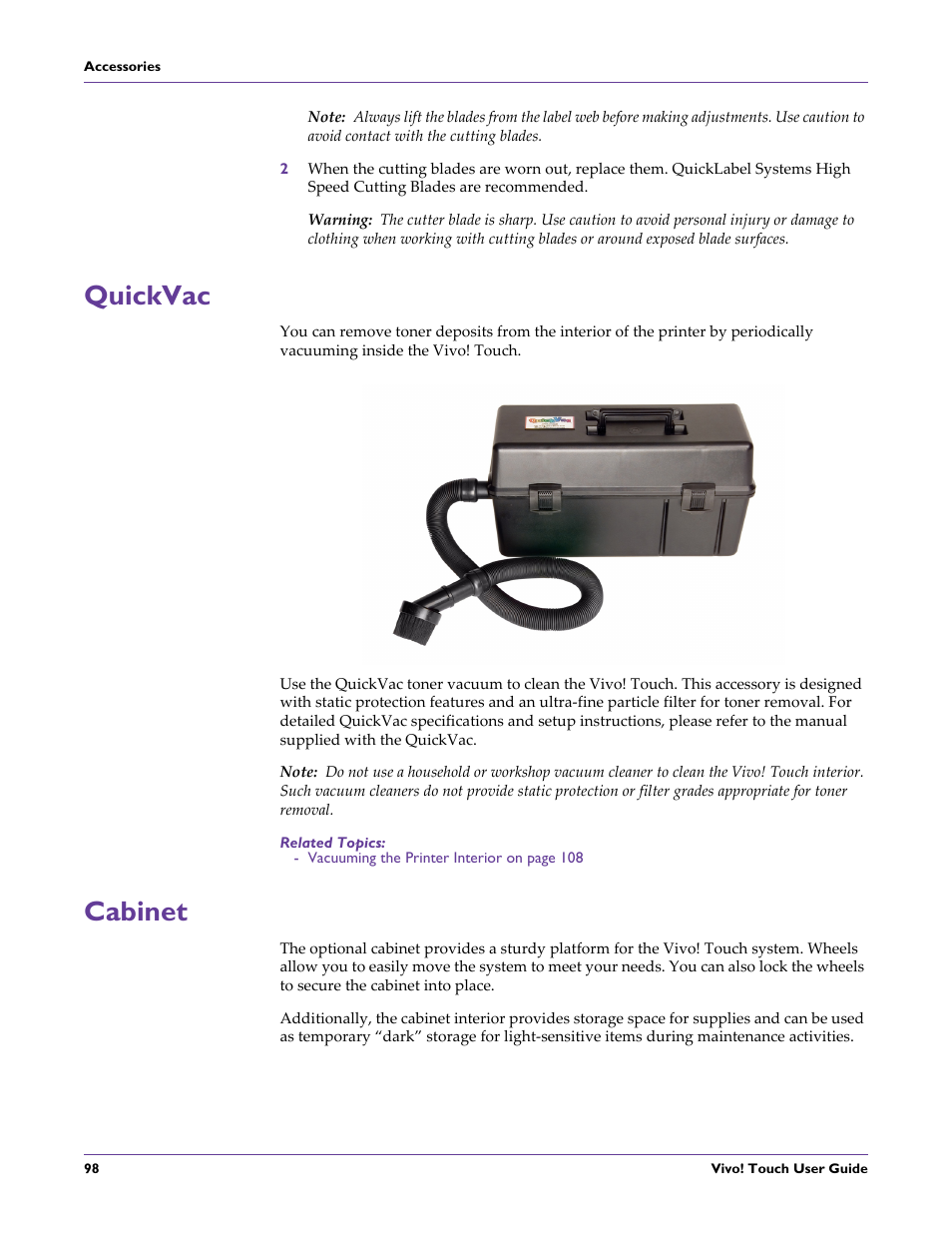 Quickvac, Related topics, Cabinet | Quickvac cabinet | QuickLabel Vivo! Touch User Manual | Page 112 / 165