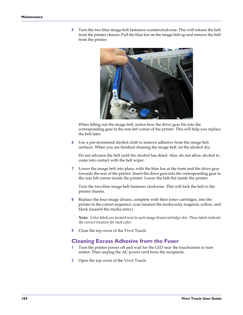 9 close the top cover of the vivo! touch, Cleaning excess adhesive from the fuser, 2 open the top cover of the vivo! touch | QuickLabel Vivo! Touch User Manual | Page 118 / 165