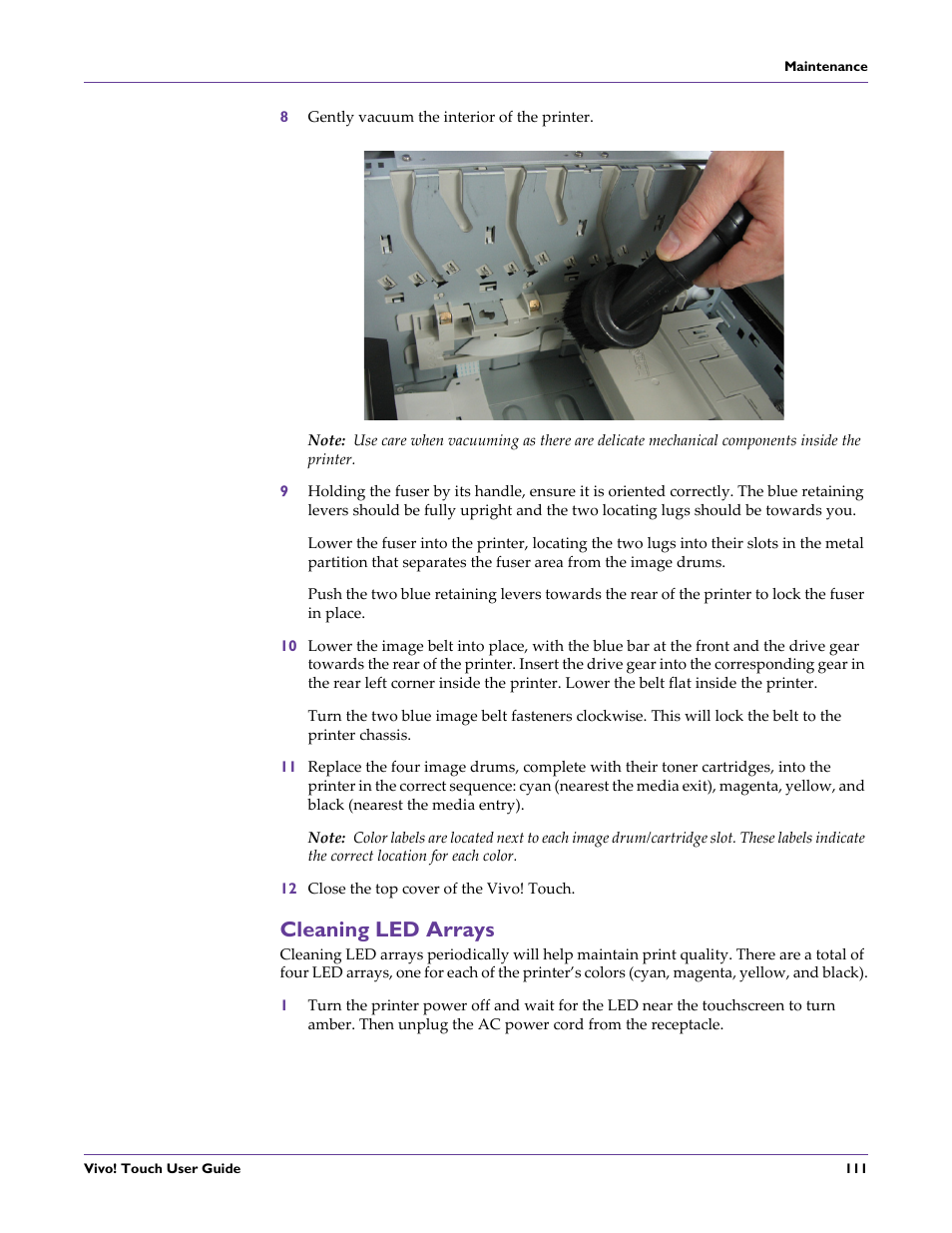 8 gently vacuum the interior of the printer, 12 close the top cover of the vivo! touch, Cleaning led arrays | QuickLabel Vivo! Touch User Manual | Page 125 / 165