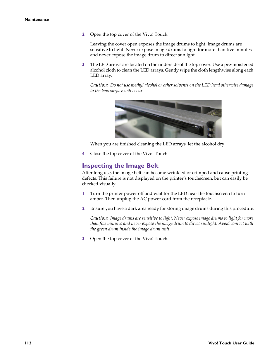 2 open the top cover of the vivo! touch, 4 close the top cover of the vivo! touch, Inspecting the image belt | 3 open the top cover of the vivo! touch | QuickLabel Vivo! Touch User Manual | Page 126 / 165