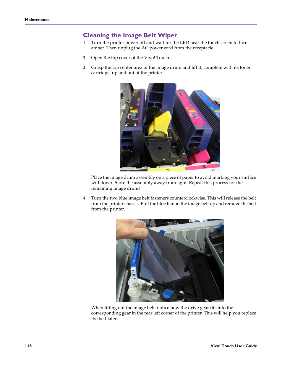 Cleaning the image belt wiper, 2 open the top cover of the vivo! touch | QuickLabel Vivo! Touch User Manual | Page 130 / 165