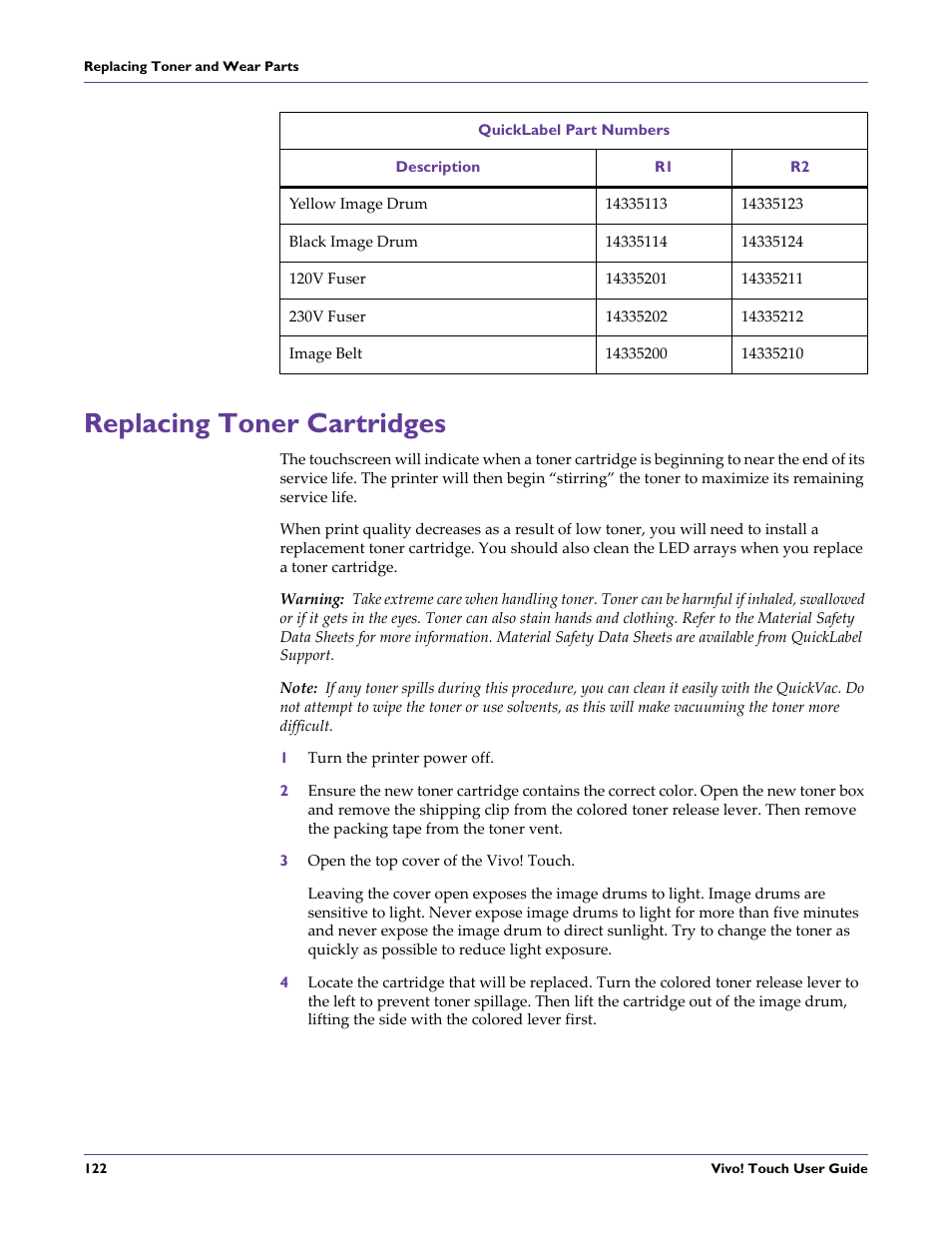 Replacing toner cartridges, 1 turn the printer power off, 3 open the top cover of the vivo! touch | QuickLabel Vivo! Touch User Manual | Page 136 / 165