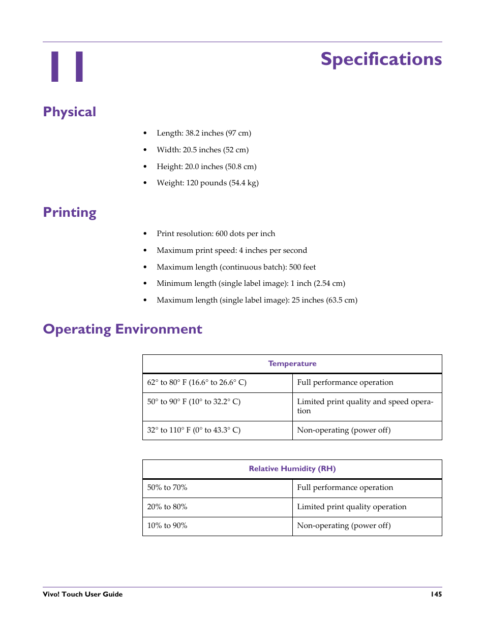 Specifications, Physical, Printing | Operating environment, Chapter: 11, Physical printing operating environment | QuickLabel Vivo! Touch User Manual | Page 159 / 165
