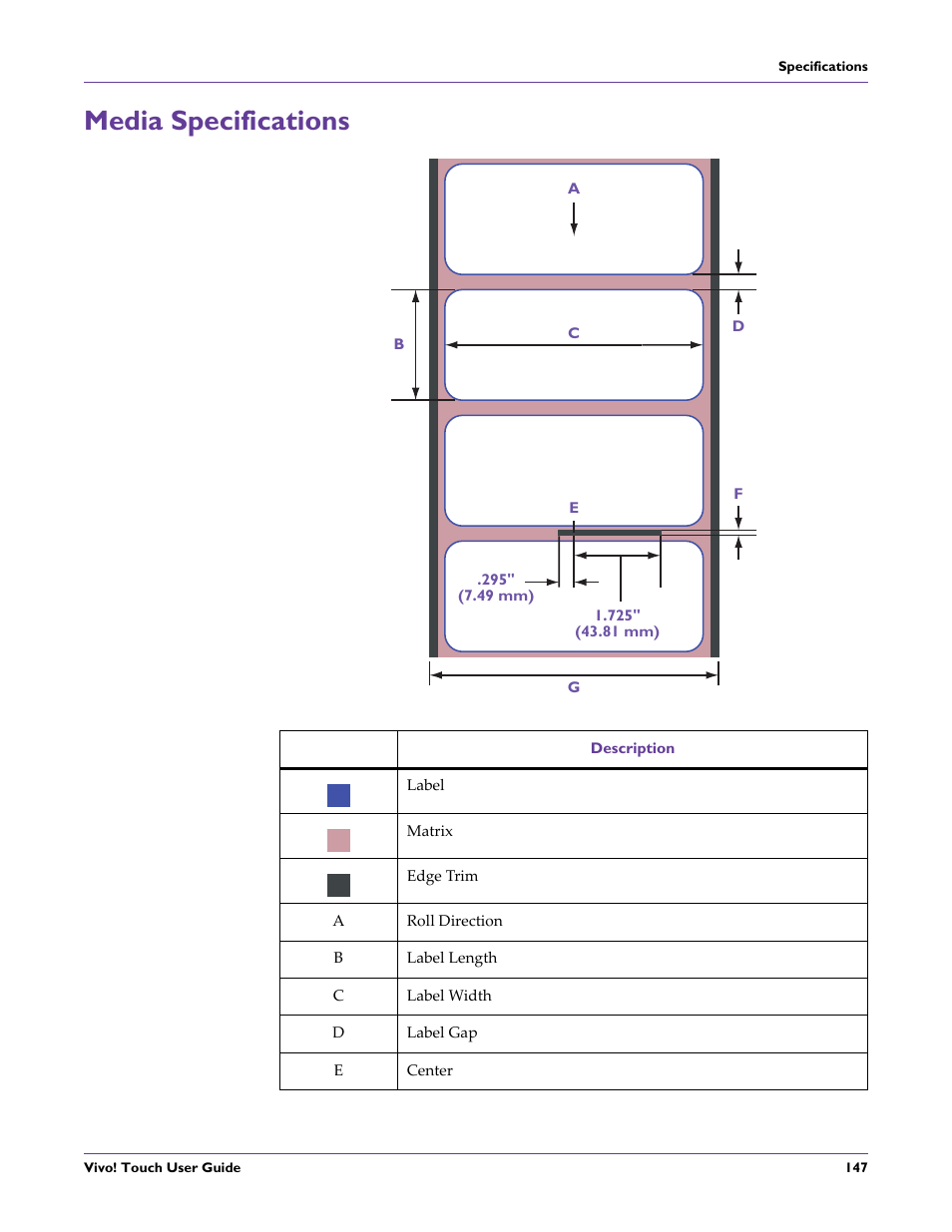 Media specifications | QuickLabel Vivo! Touch User Manual | Page 161 / 165