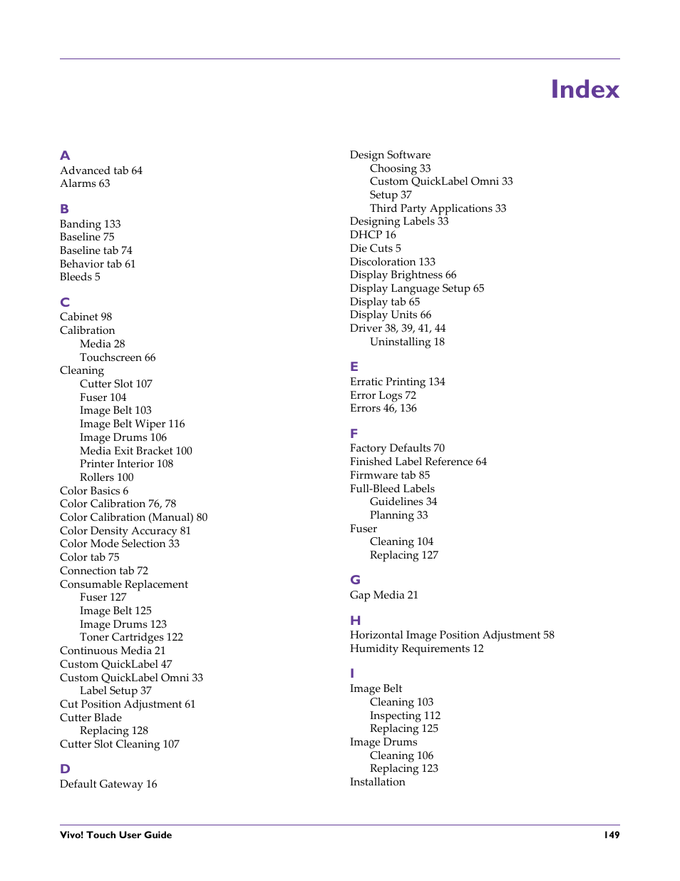 Index | QuickLabel Vivo! Touch User Manual | Page 163 / 165