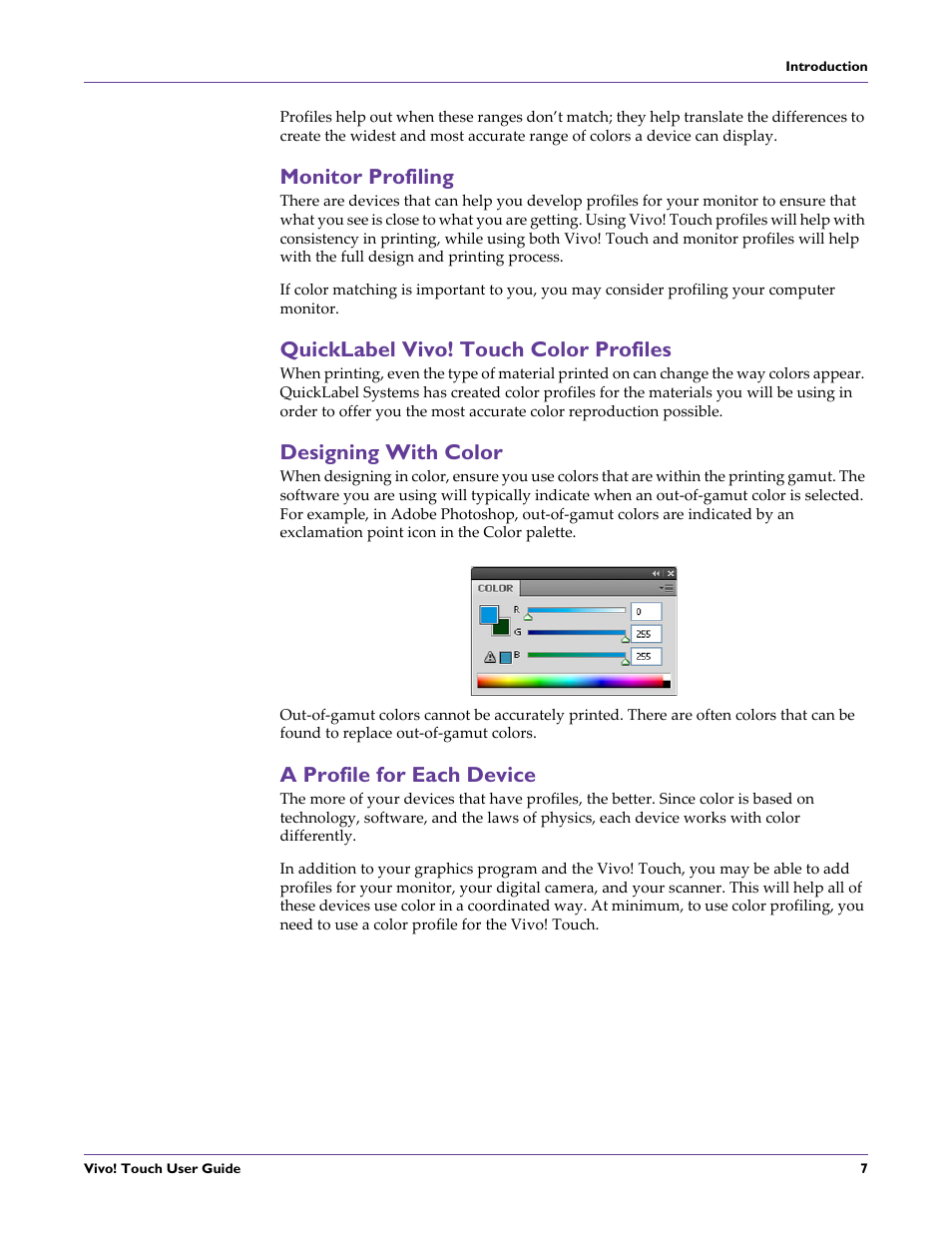 Monitor profiling, Quicklabel vivo! touch color profiles, Designing with color | A profile for each device | QuickLabel Vivo! Touch User Manual | Page 21 / 165