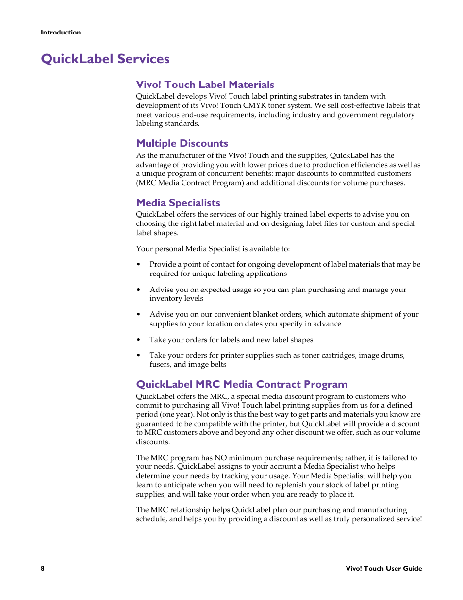 Quicklabel services, Vivo! touch label materials, Multiple discounts | Media specialists, Quicklabel mrc media contract program | QuickLabel Vivo! Touch User Manual | Page 22 / 165