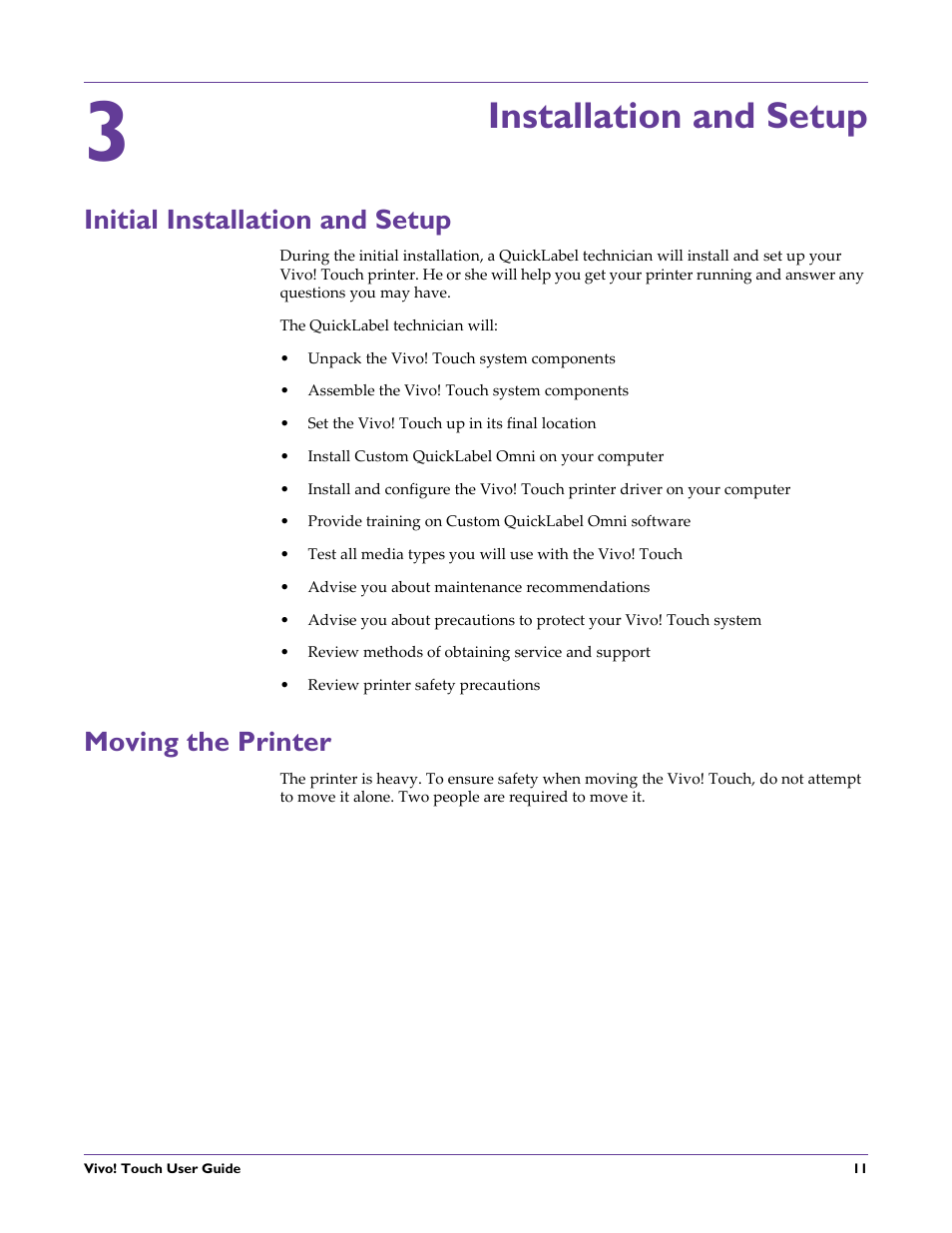 Installation and setup, Initial installation and setup, Moving the printer | Chapter: 3, Initial installation and setup moving the printer | QuickLabel Vivo! Touch User Manual | Page 25 / 165