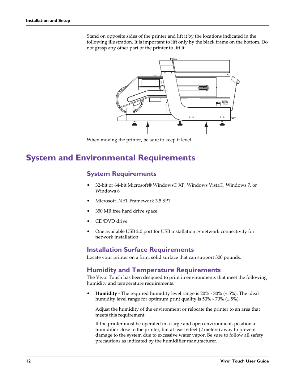 System and environmental requirements, System requirements, Installation surface requirements | Humidity and temperature requirements | QuickLabel Vivo! Touch User Manual | Page 26 / 165