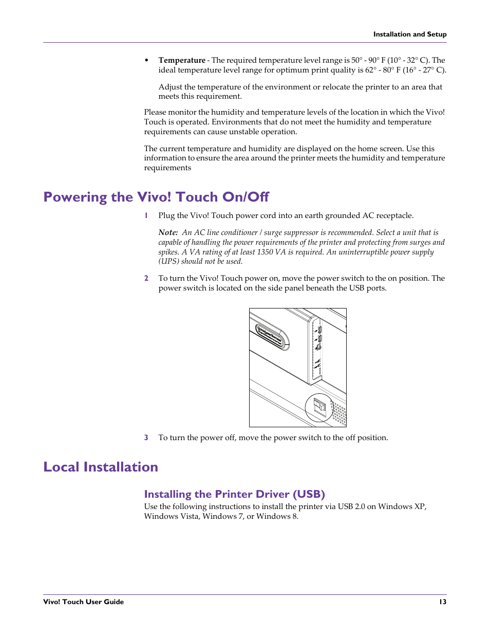 Powering the vivo! touch on/off, Local installation, Installing the printer driver (usb) | Powering the vivo! touch on/off local installation | QuickLabel Vivo! Touch User Manual | Page 27 / 165