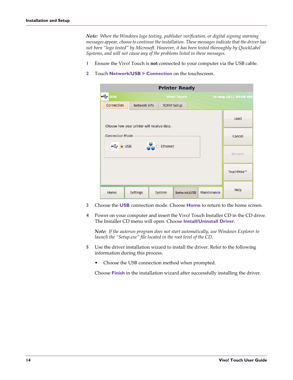 Choose the usb connection method when prompted | QuickLabel Vivo! Touch User Manual | Page 28 / 165