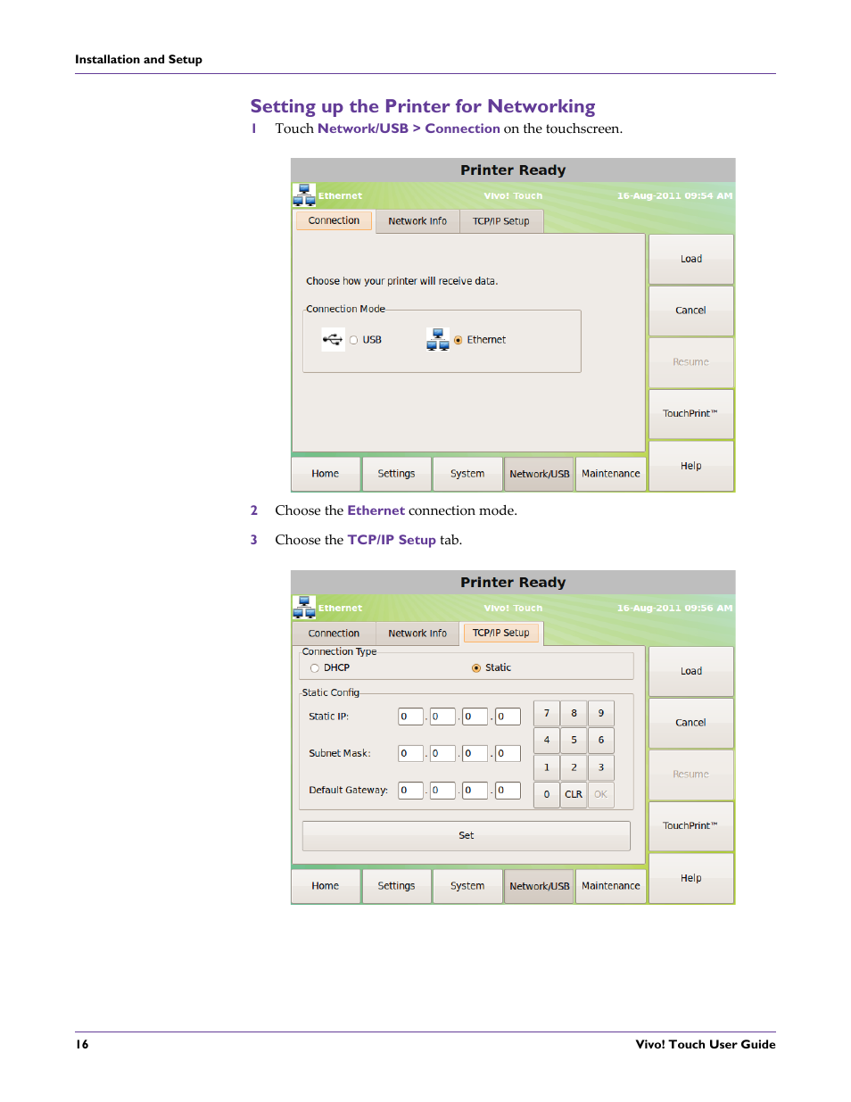 Setting up the printer for networking, 2 choose the ethernet connection mode, 3 choose the tcp/ip setup tab | QuickLabel Vivo! Touch User Manual | Page 30 / 165