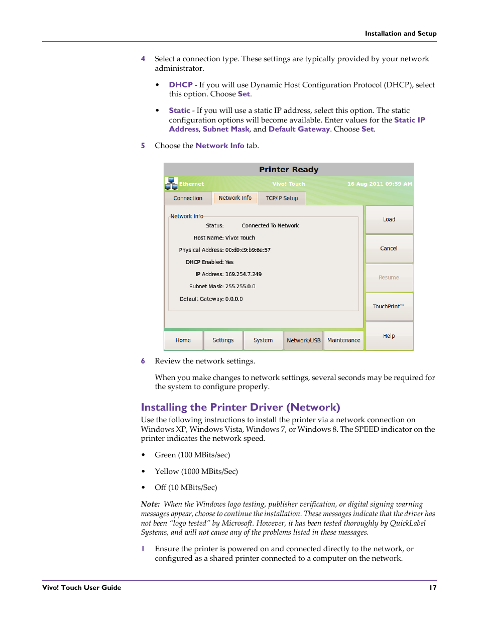 5 choose the network info tab, 6 review the network settings, Installing the printer driver (network) | QuickLabel Vivo! Touch User Manual | Page 31 / 165
