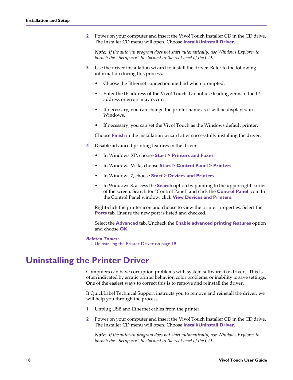 4 disable advanced printing features in the driver, In windows xp, choose start > printers and faxes, In windows 7, choose start > devices and printers | Related topics, Uninstalling the printer driver, 1 unplug usb and ethernet cables from the printer | QuickLabel Vivo! Touch User Manual | Page 32 / 165