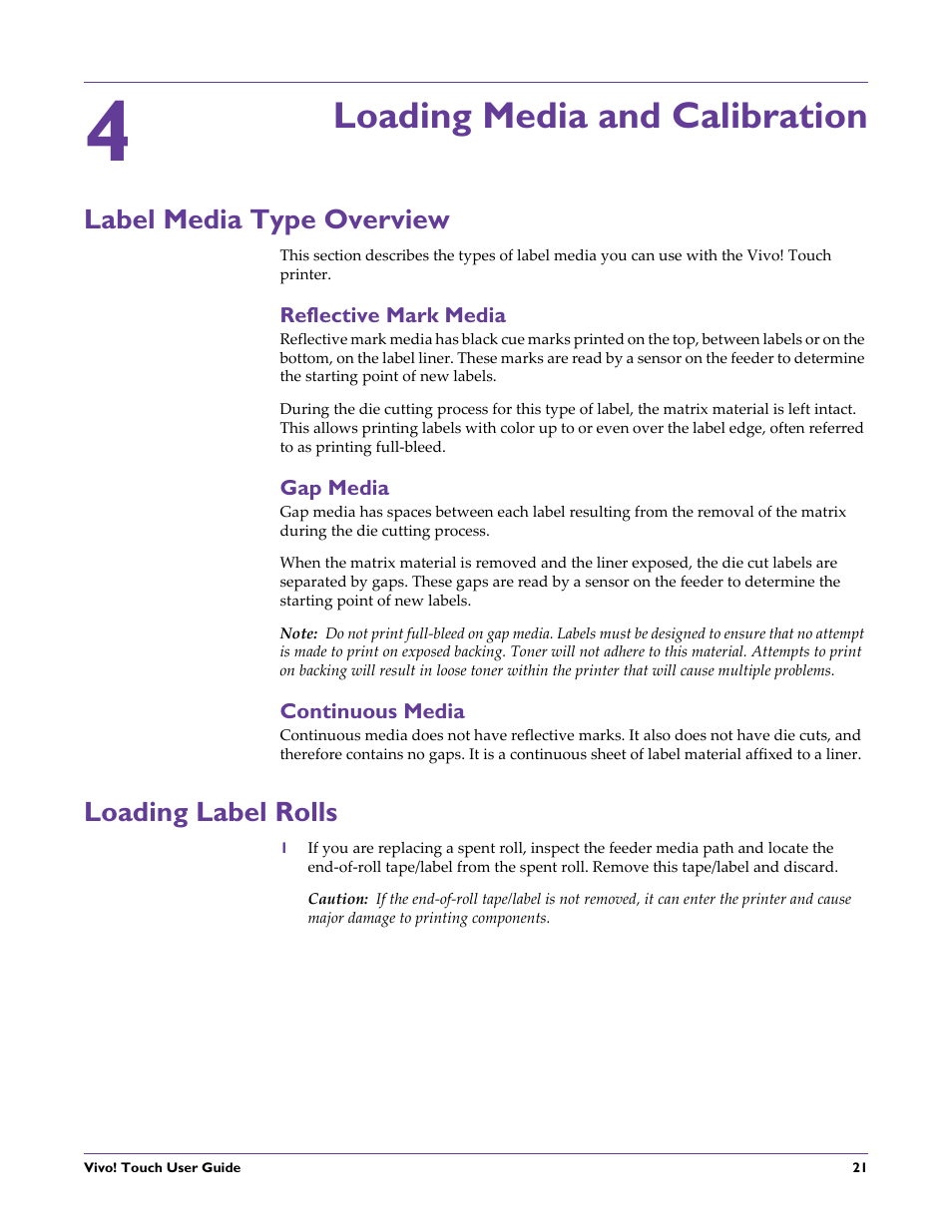 Loading media and calibration, Label media type overview, Reflective mark media | Gap media, Continuous media, Loading label rolls, Chapter: 4, Reflective mark media gap media continuous media | QuickLabel Vivo! Touch User Manual | Page 35 / 165