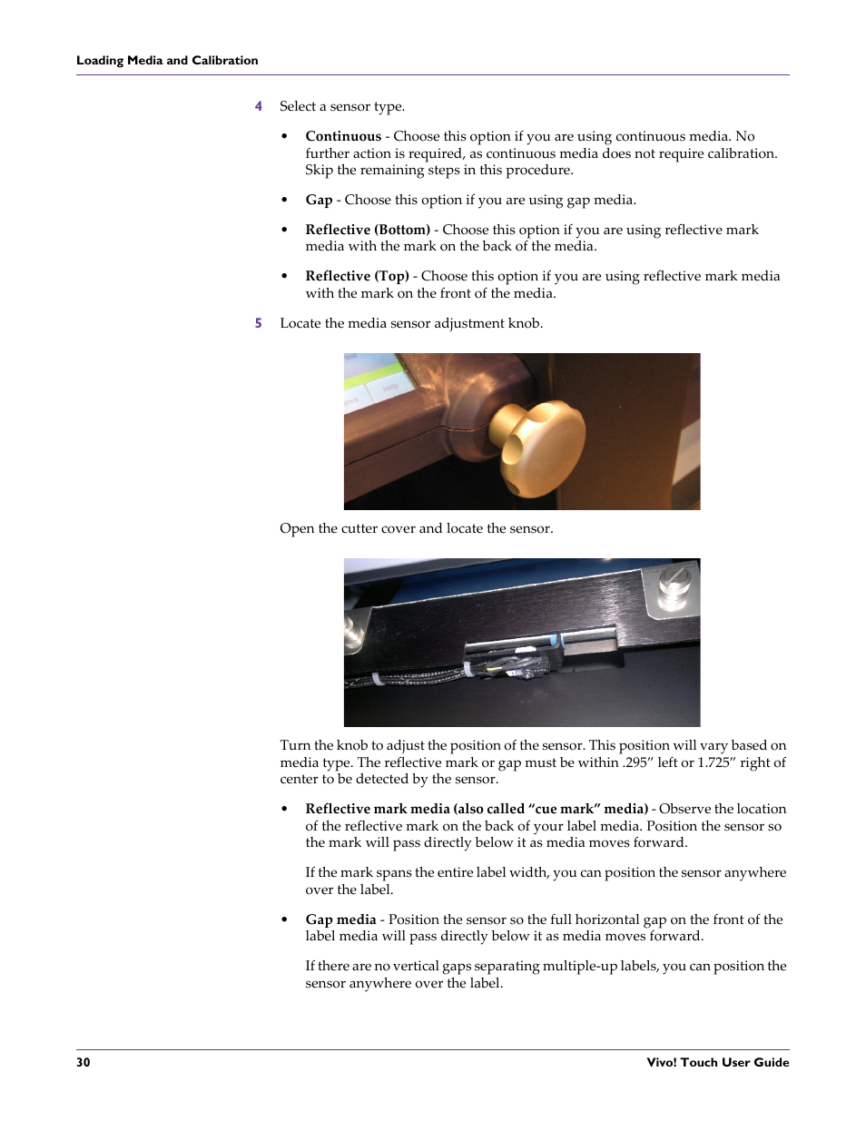 4 select a sensor type, 5 locate the media sensor adjustment knob | QuickLabel Vivo! Touch User Manual | Page 44 / 165