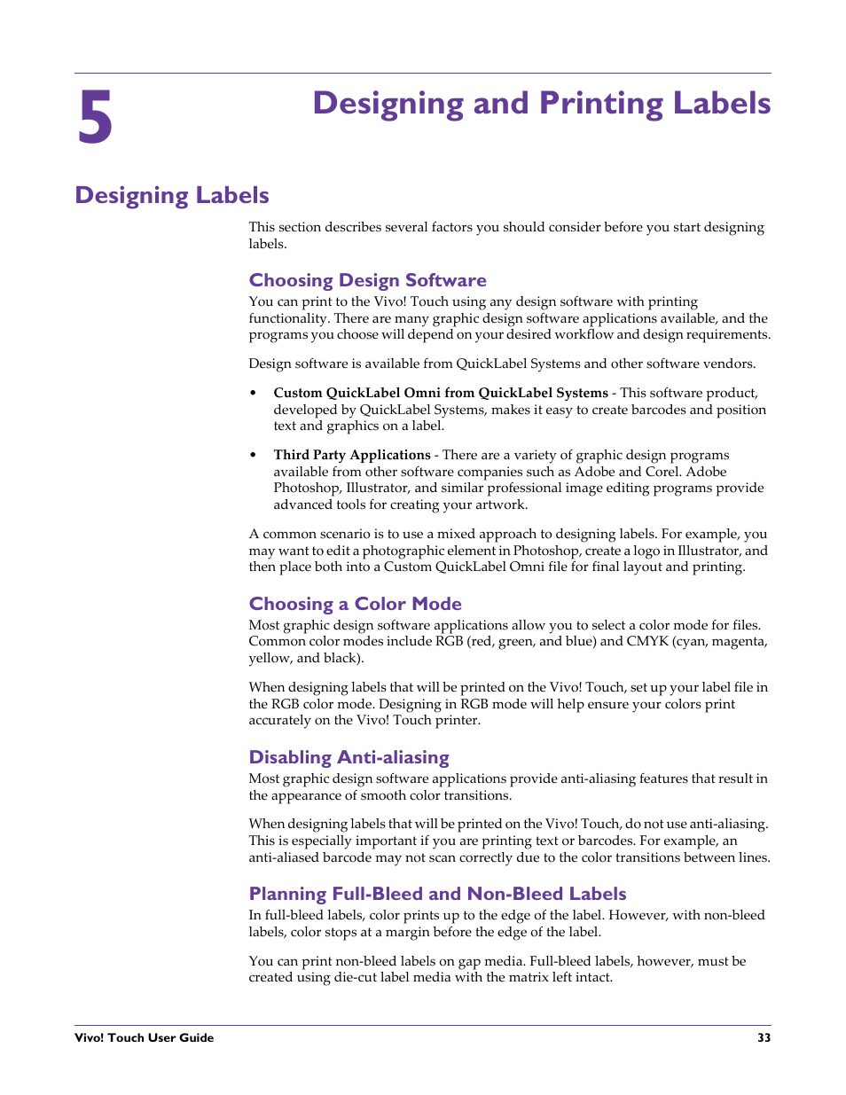 Designing and printing labels, Designing labels, Choosing design software | Choosing a color mode, Disabling anti-aliasing, Planning full-bleed and non-bleed labels, Chapter: 5 | QuickLabel Vivo! Touch User Manual | Page 47 / 165