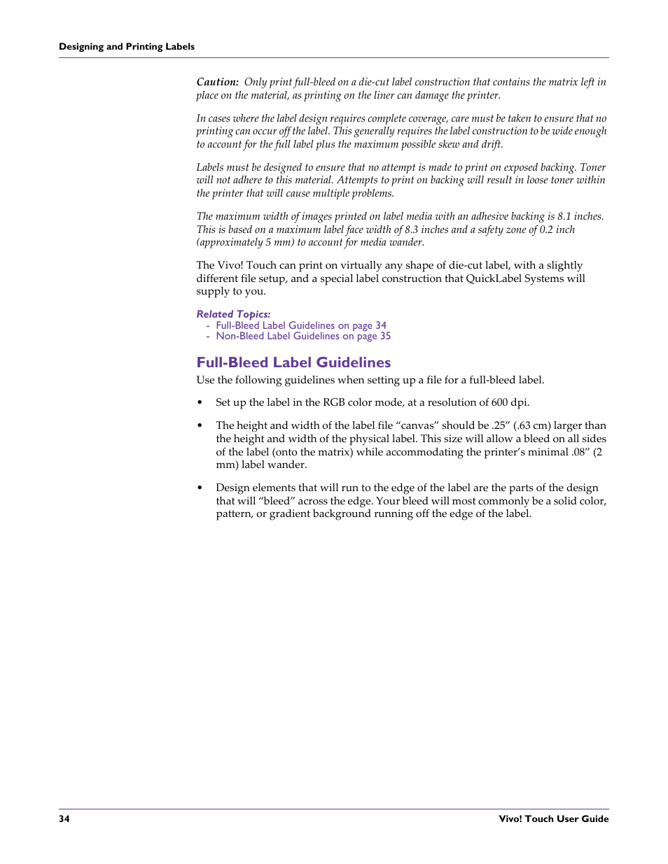 Related topics, Full-bleed label guidelines | QuickLabel Vivo! Touch User Manual | Page 48 / 165