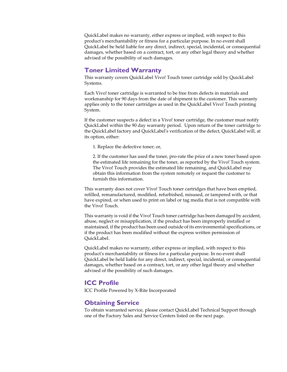 Toner limited warranty, Icc profile, Obtaining service | QuickLabel Vivo! Touch User Manual | Page 5 / 165