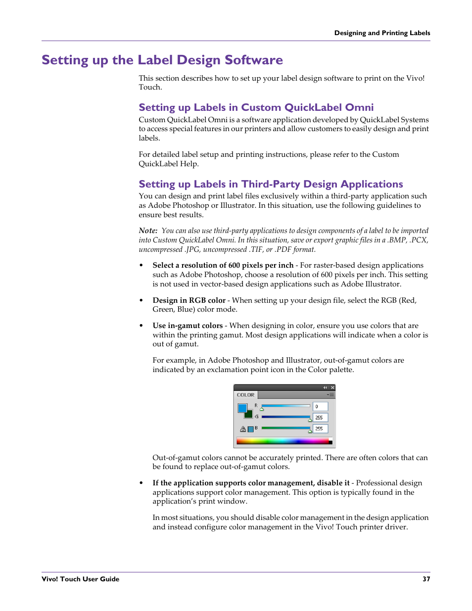 Setting up the label design software, Setting up labels in custom quicklabel omni | QuickLabel Vivo! Touch User Manual | Page 51 / 165