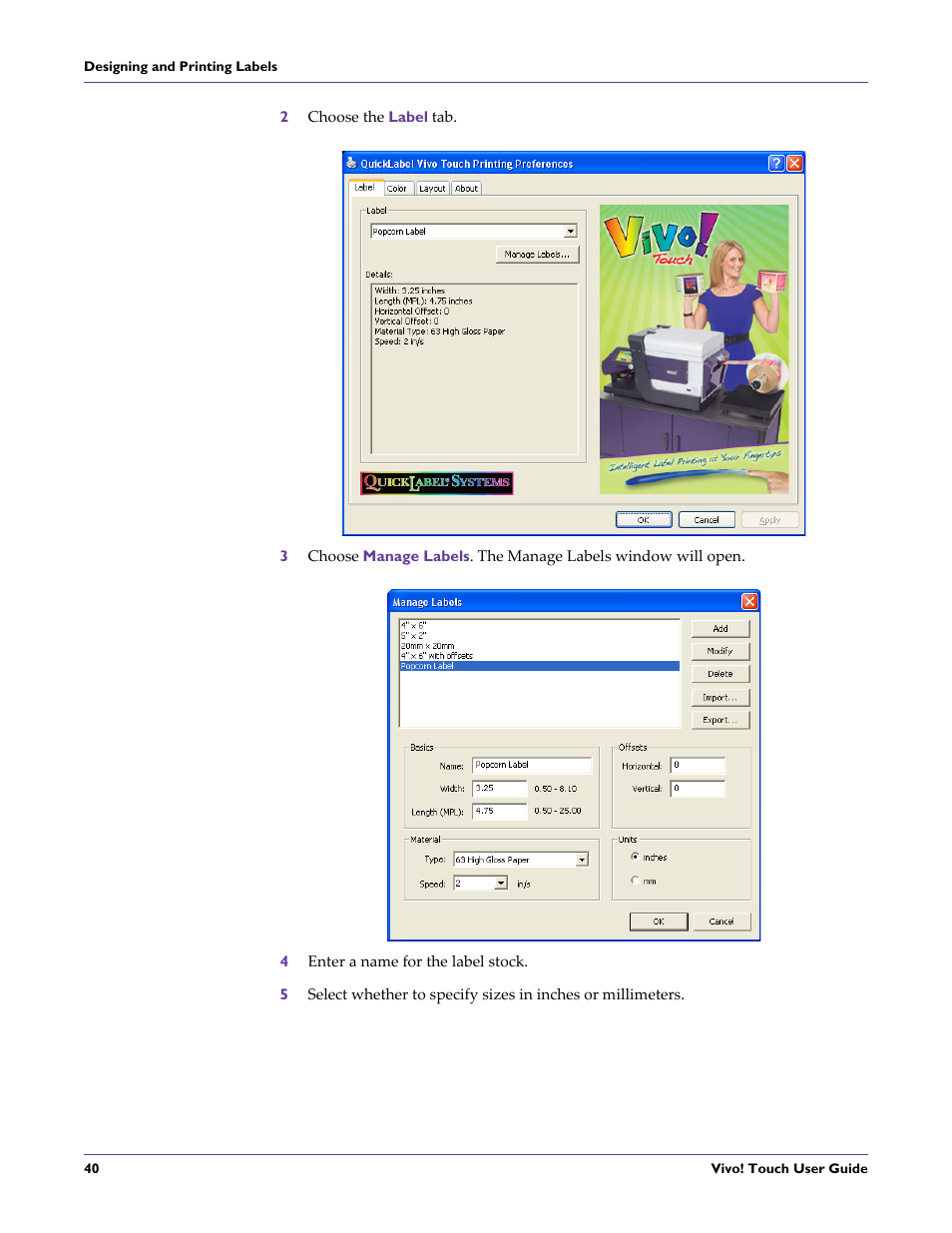 2 choose the label tab, 4 enter a name for the label stock | QuickLabel Vivo! Touch User Manual | Page 54 / 165