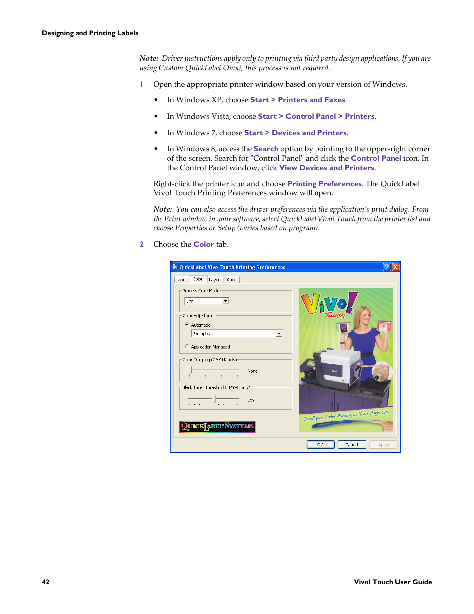 In windows xp, choose start > printers and faxes, In windows 7, choose start > devices and printers, 2 choose the color tab | QuickLabel Vivo! Touch User Manual | Page 56 / 165