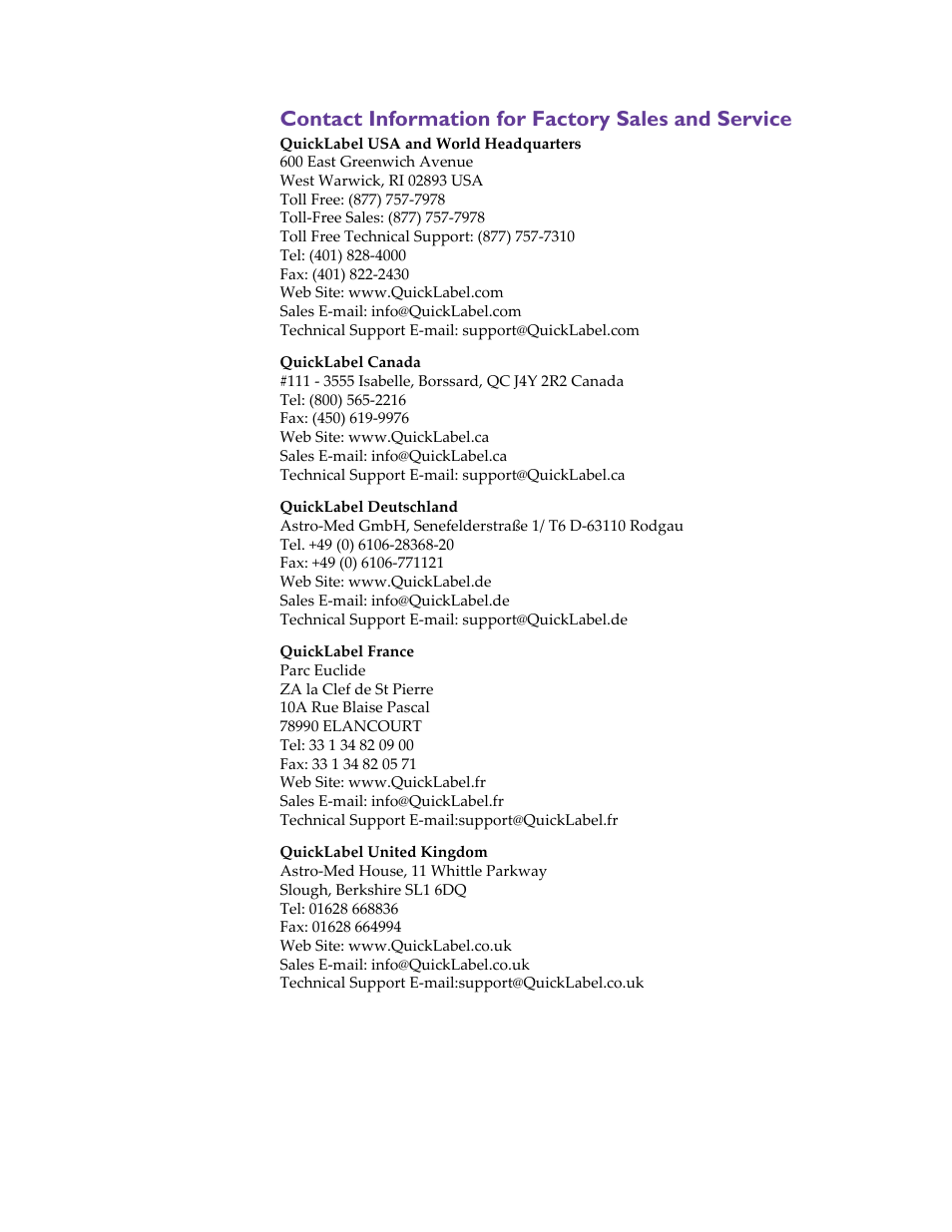 Contact information for factory sales and service | QuickLabel Vivo! Touch User Manual | Page 6 / 165