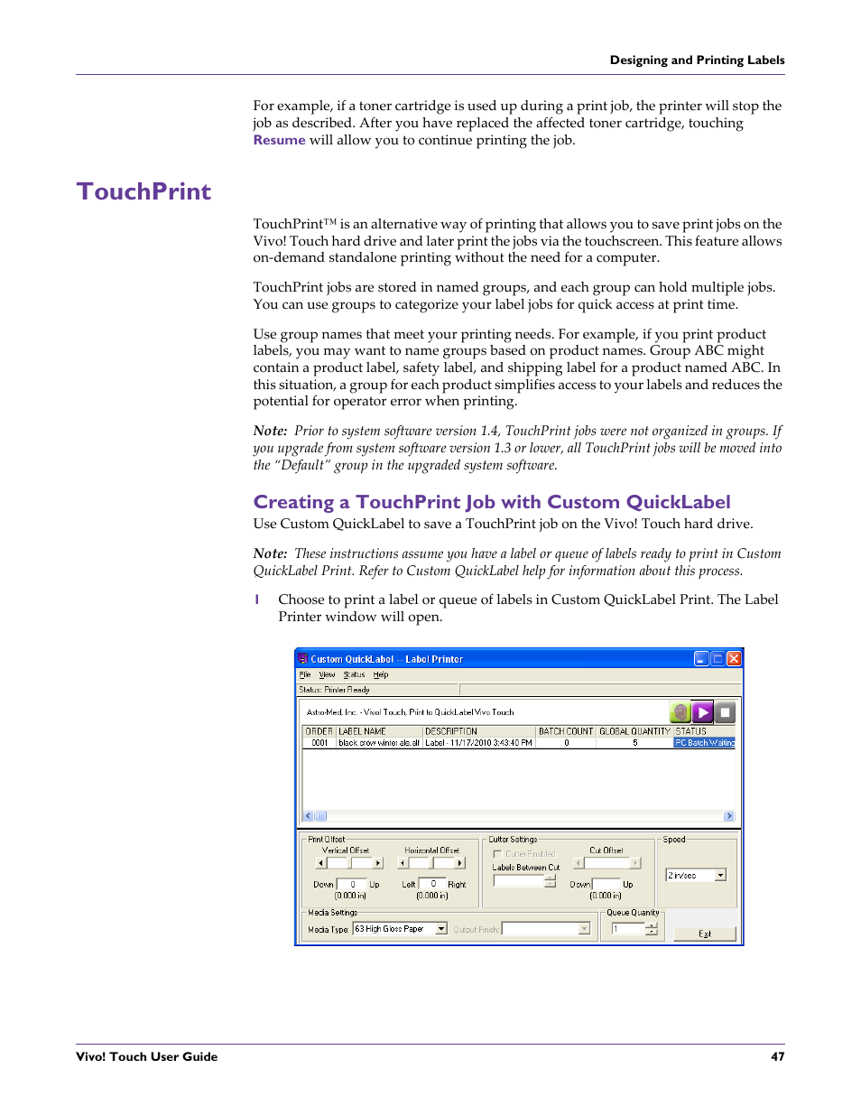Touchprint, Creating a touchprint job with custom quicklabel | QuickLabel Vivo! Touch User Manual | Page 61 / 165