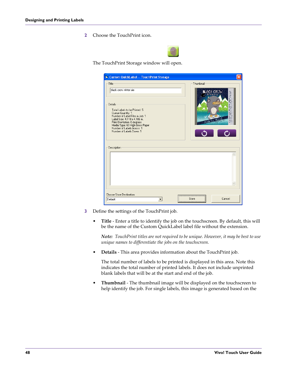 2 choose the touchprint icon, 3 define the settings of the touchprint job | QuickLabel Vivo! Touch User Manual | Page 62 / 165
