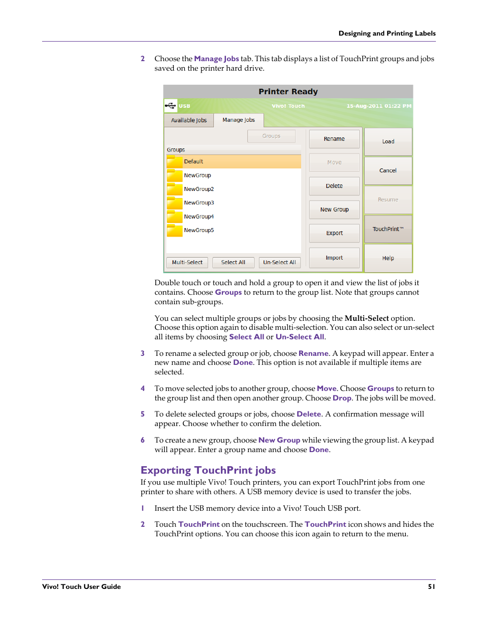 Exporting touchprint jobs | QuickLabel Vivo! Touch User Manual | Page 65 / 165
