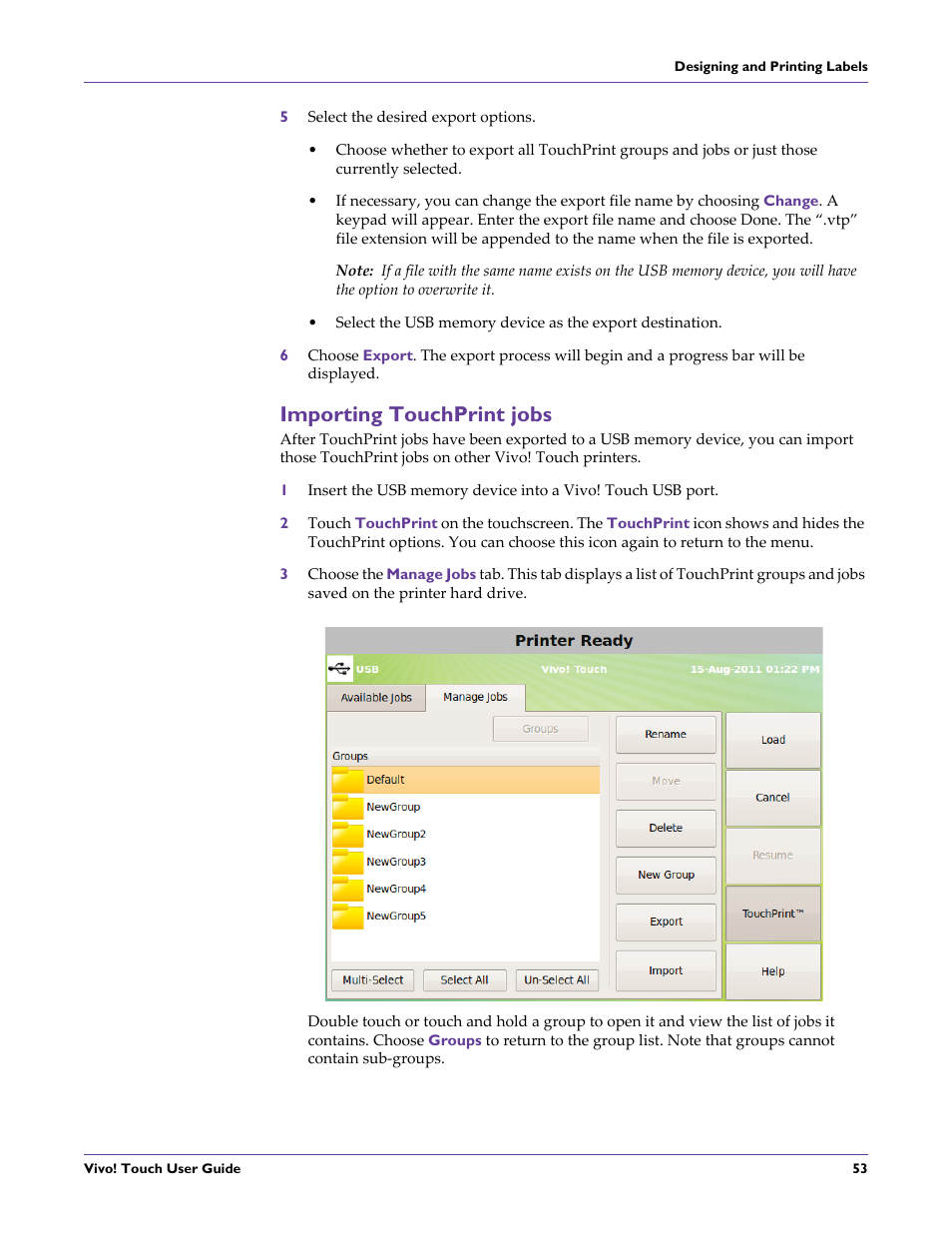 5 select the desired export options, Importing touchprint jobs | QuickLabel Vivo! Touch User Manual | Page 67 / 165