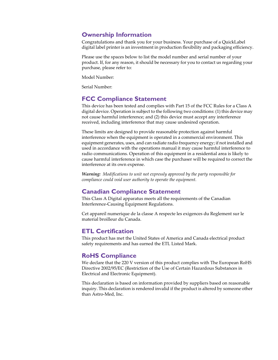 Ownership information, Fcc compliance statement, Canadian compliance statement | Etl certification, Rohs compliance | QuickLabel Vivo! Touch User Manual | Page 7 / 165