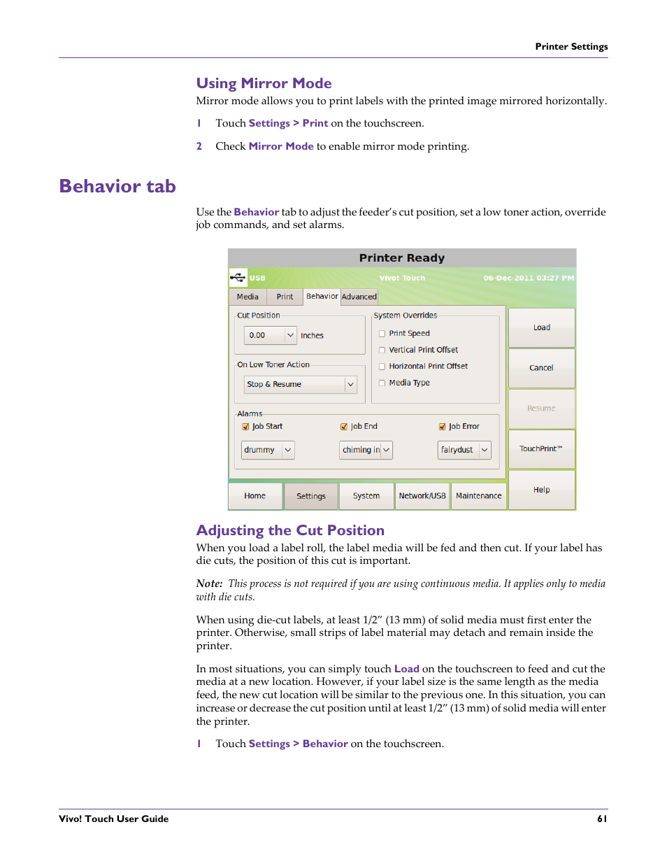 Using mirror mode, 1 touch settings > print on the touchscreen, 2 check mirror mode to enable mirror mode printing | Behavior tab, Adjusting the cut position, 1 touch settings > behavior on the touchscreen | QuickLabel Vivo! Touch User Manual | Page 75 / 165