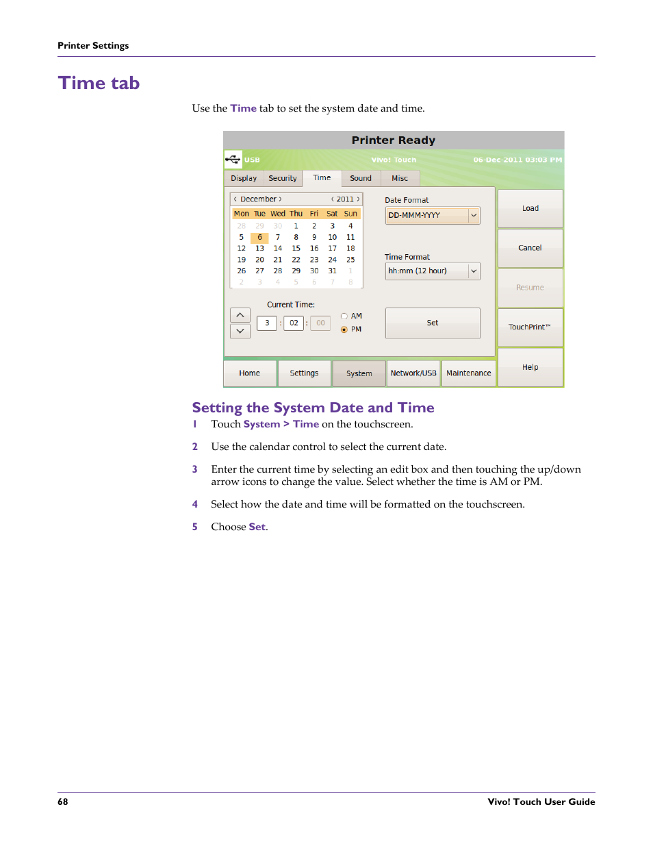 Time tab, Setting the system date and time, 1 touch system > time on the touchscreen | 5 choose set | QuickLabel Vivo! Touch User Manual | Page 82 / 165