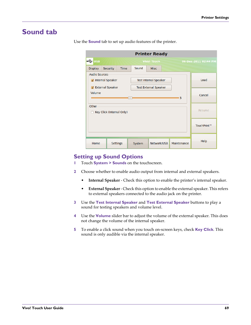 Sound tab, Setting up sound options, 1 touch system > sounds on the touchscreen | QuickLabel Vivo! Touch User Manual | Page 83 / 165