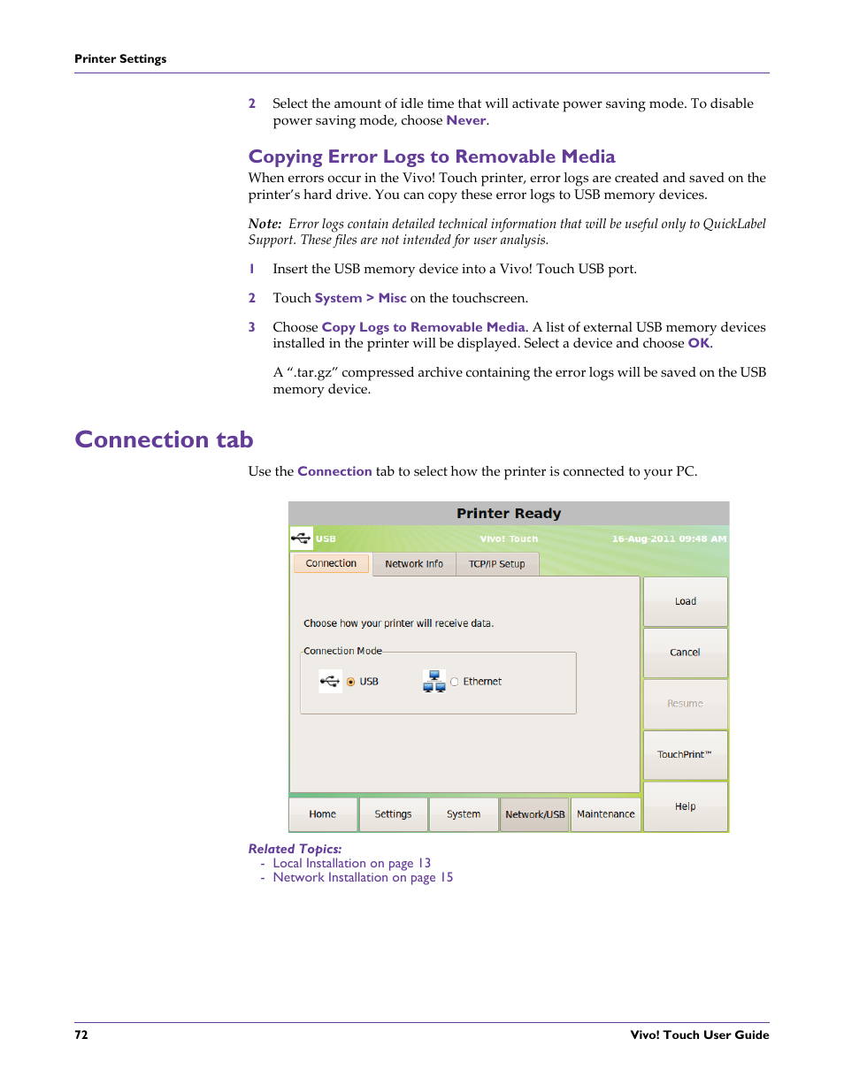 Copying error logs to removable media, 2 touch system > misc on the touchscreen, Connection tab | Related topics | QuickLabel Vivo! Touch User Manual | Page 86 / 165