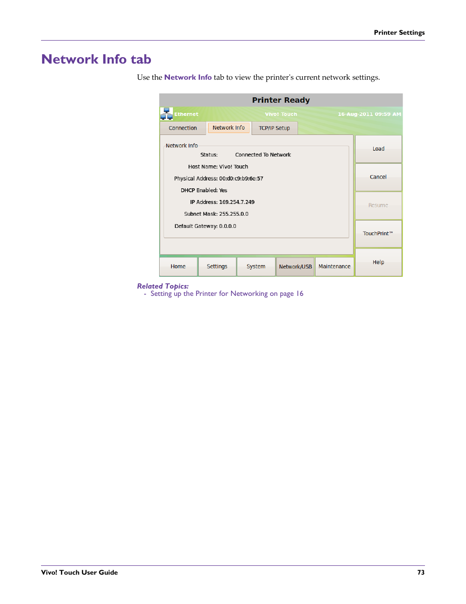 Network info tab, Related topics | QuickLabel Vivo! Touch User Manual | Page 87 / 165
