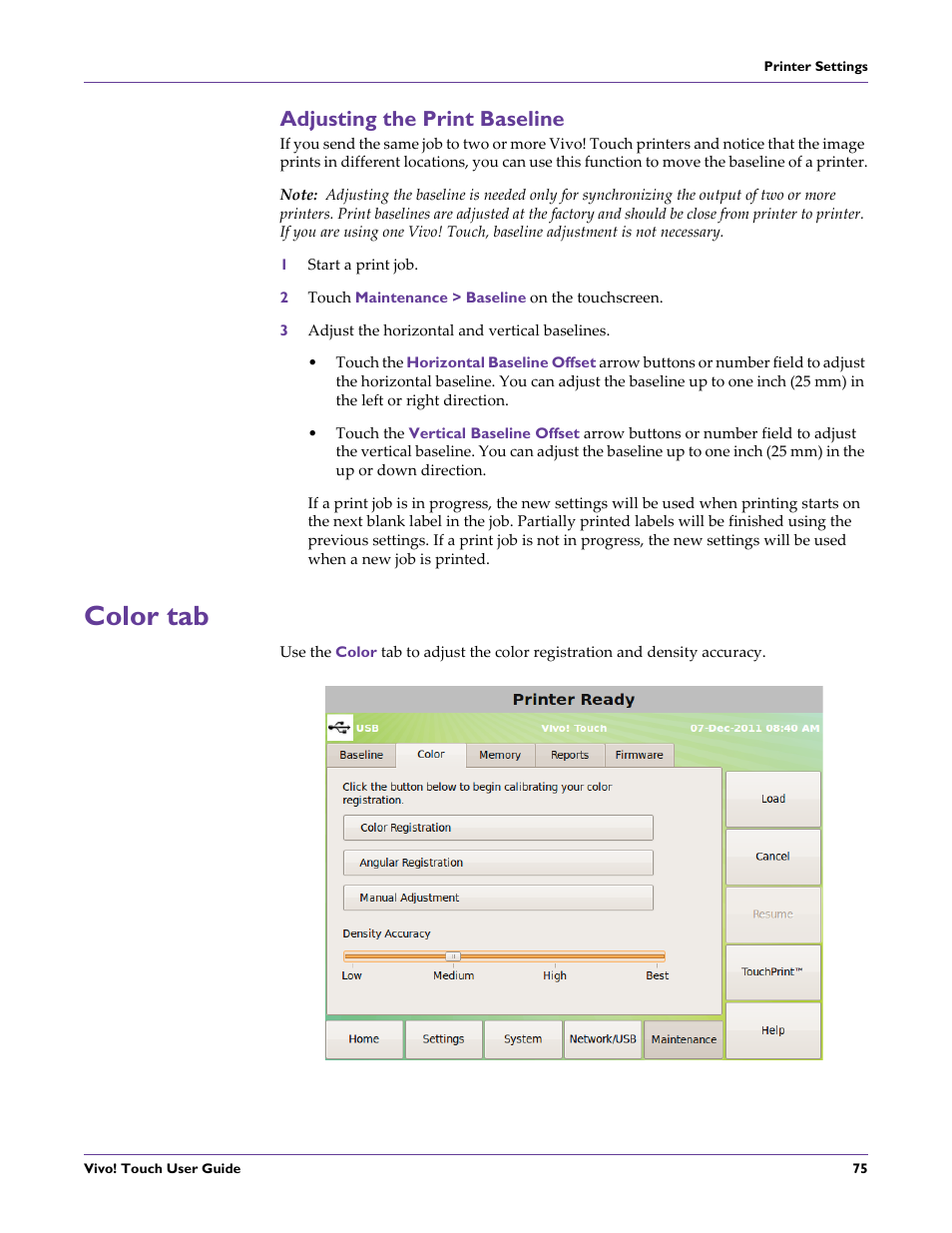 Adjusting the print baseline, 1 start a print job, 2 touch maintenance > baseline on the touchscreen | 3 adjust the horizontal and vertical baselines, Color tab | QuickLabel Vivo! Touch User Manual | Page 89 / 165