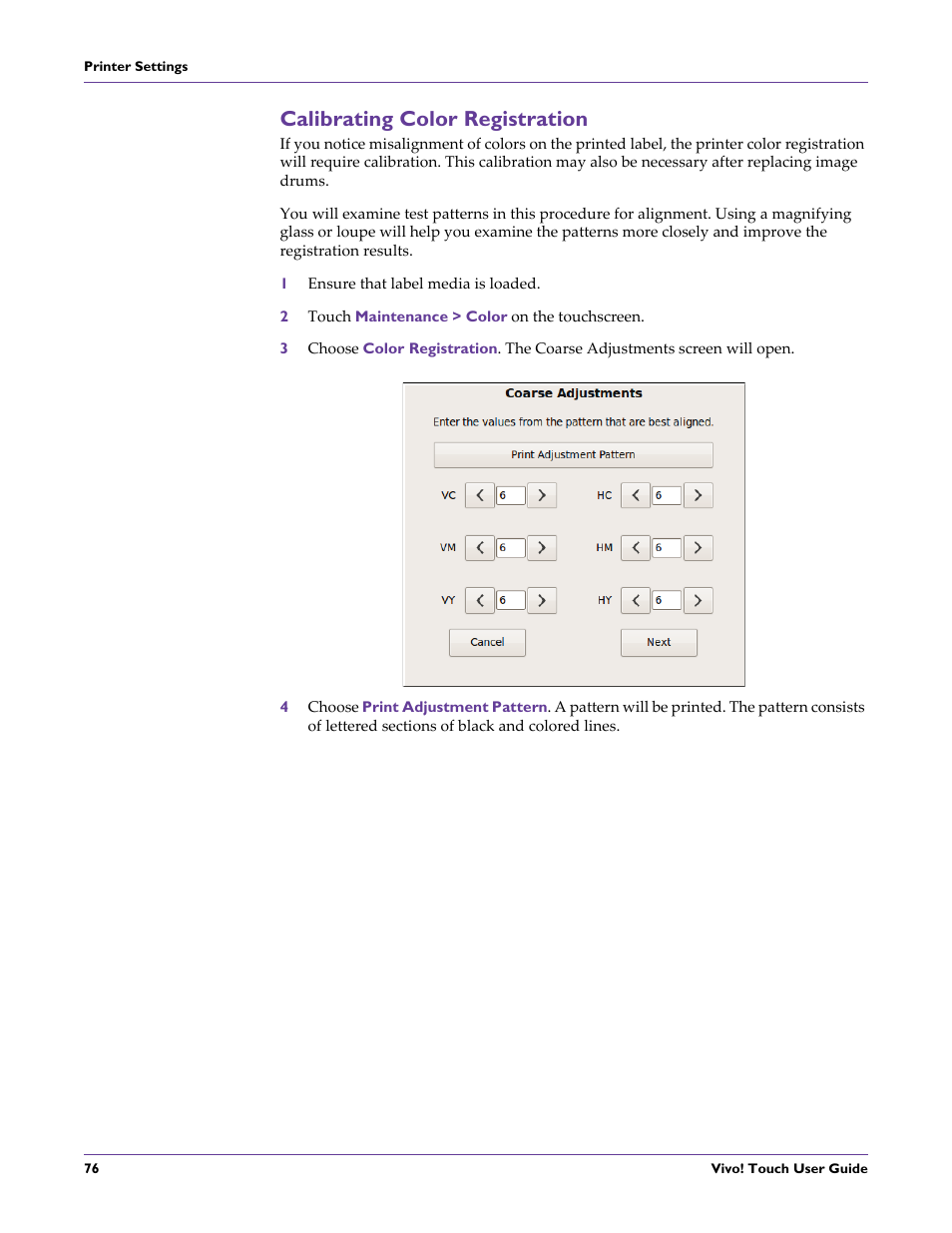 Calibrating color registration, 1 ensure that label media is loaded, 2 touch maintenance > color on the touchscreen | QuickLabel Vivo! Touch User Manual | Page 90 / 165